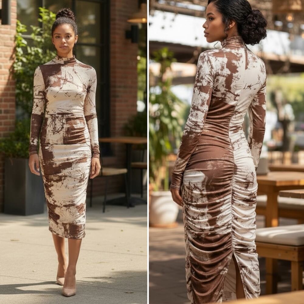 Sheer Ruched Midi Dress Mesh
